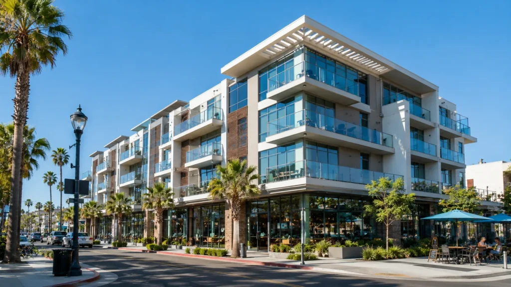 Modern urban street with cafe terrace