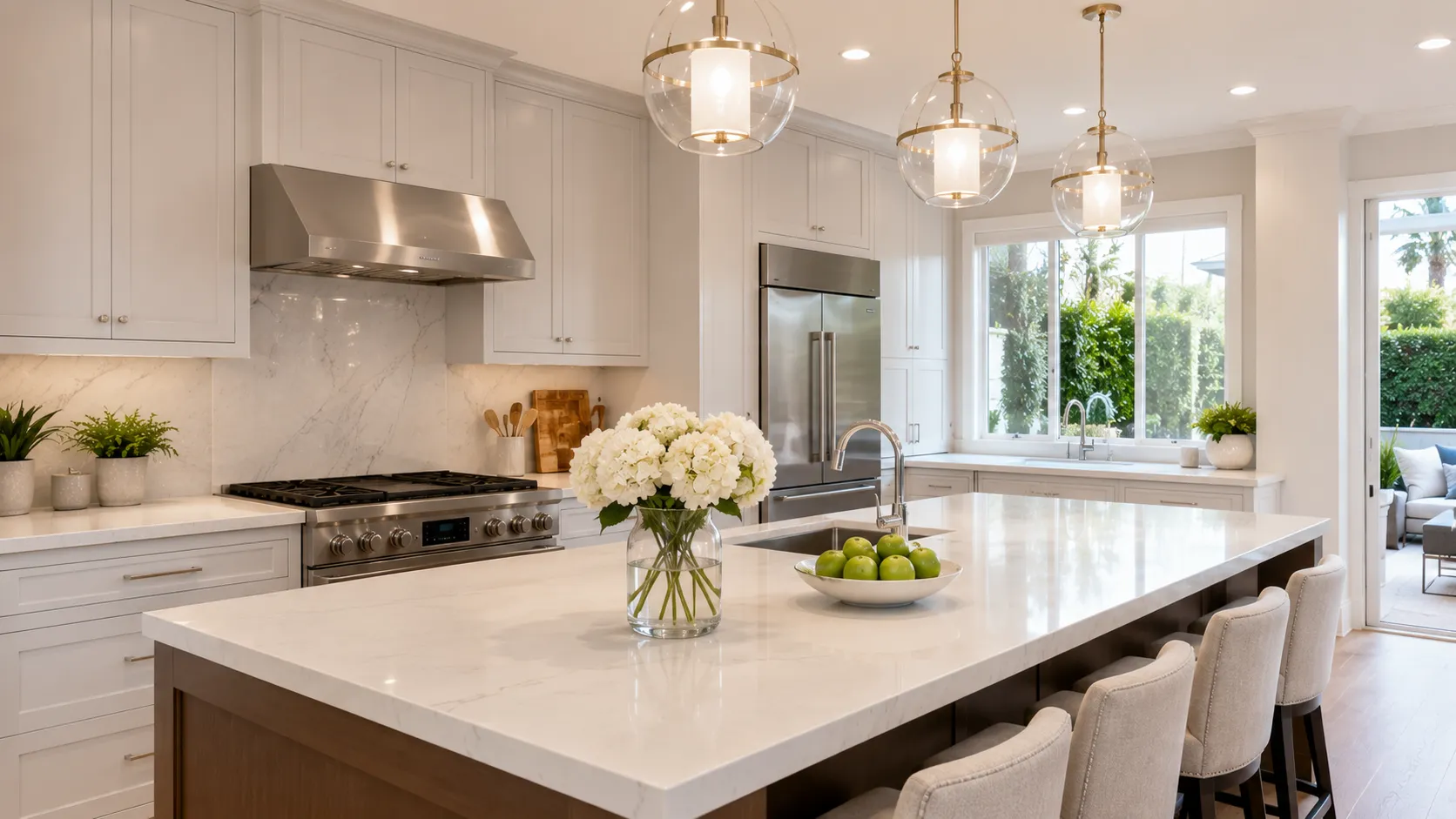 Modern bright kitchen with marble island
