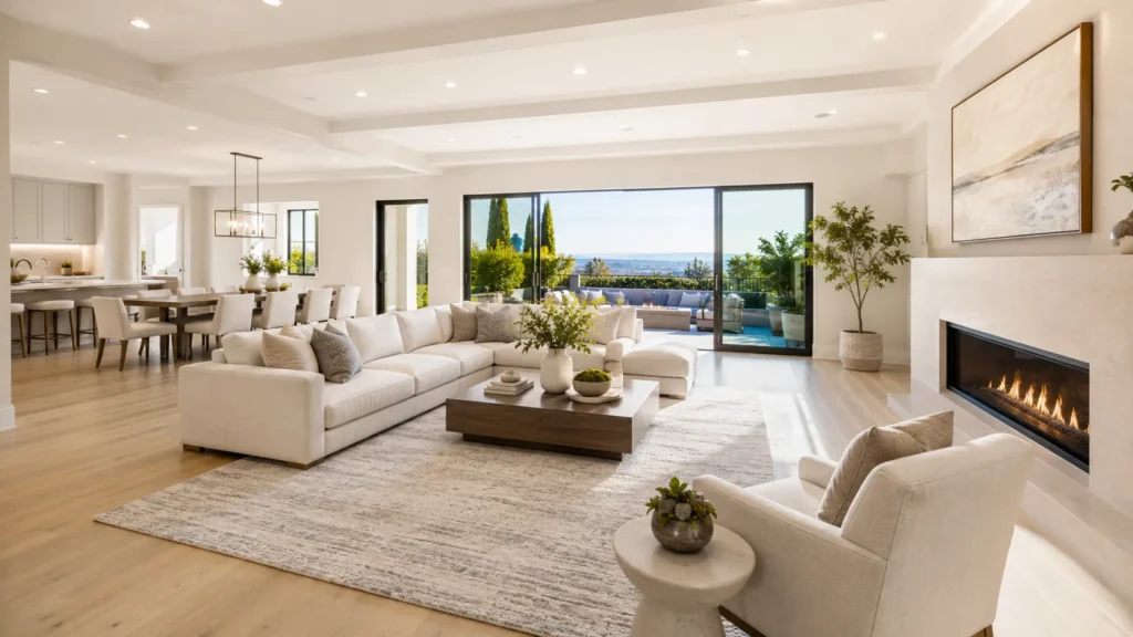 Modern minimalist living room with views