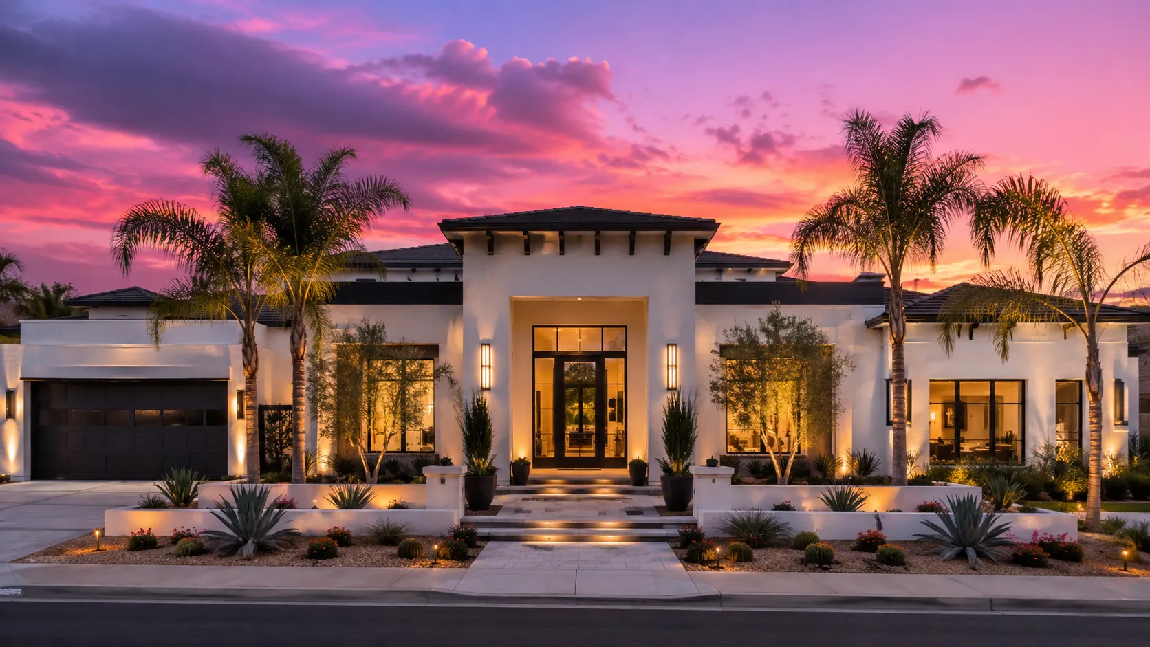 Modern mansion at twilight with sunset