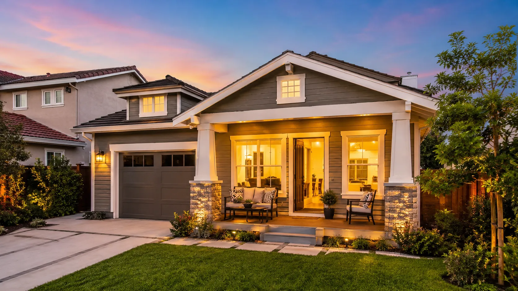 Cozy craftsman home at dusk