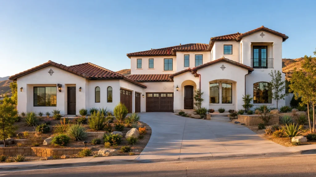 Mediterranean-style home with desert landscaping