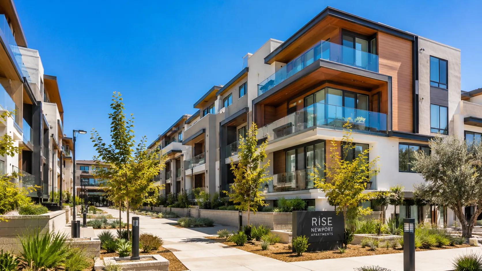 Contemporary courtyard at modern apartment complex