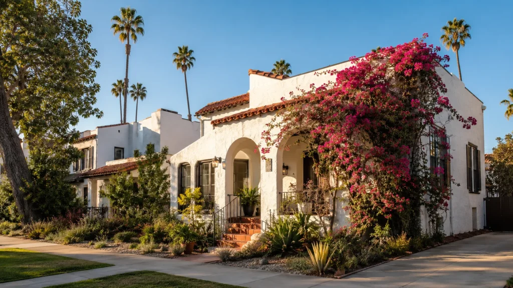 Sunny suburban Spanish-style house with bougainvillea