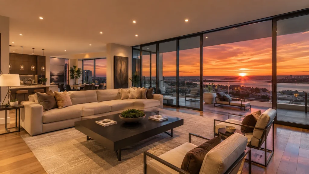 Modern living room with stunning sunset view