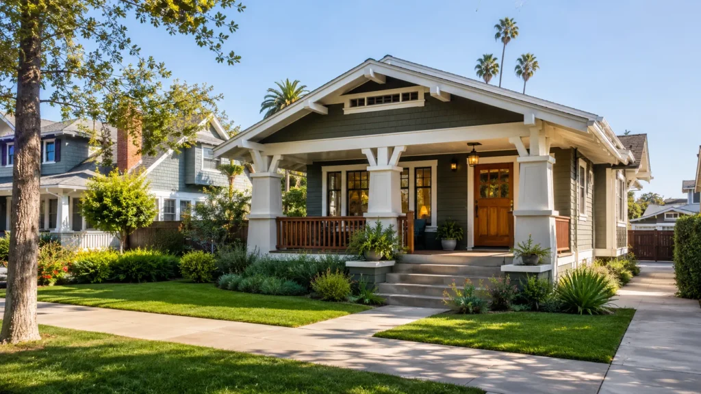 Sunny suburban craftsman bungalow street view