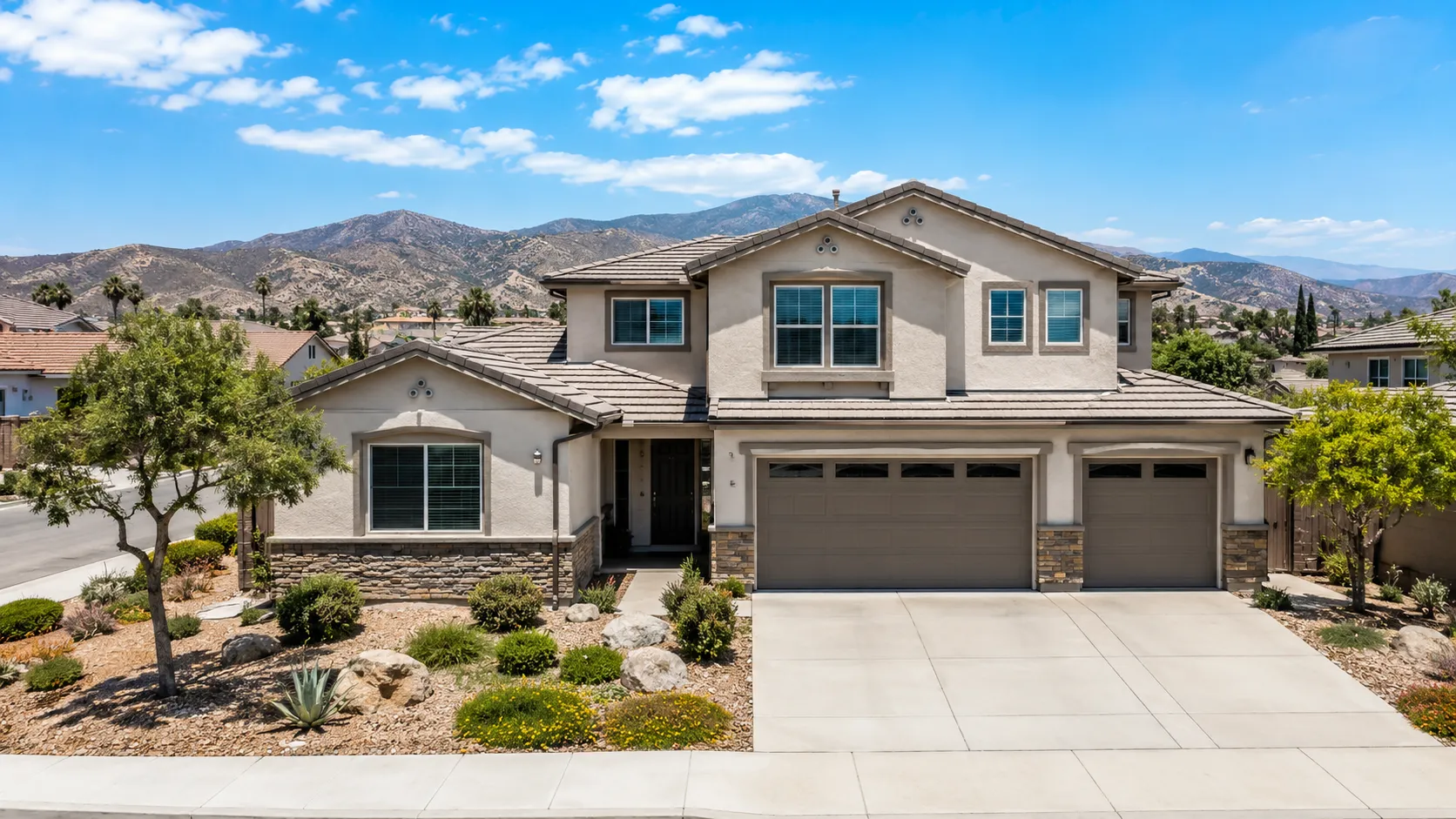 Modern suburban home with mountain views