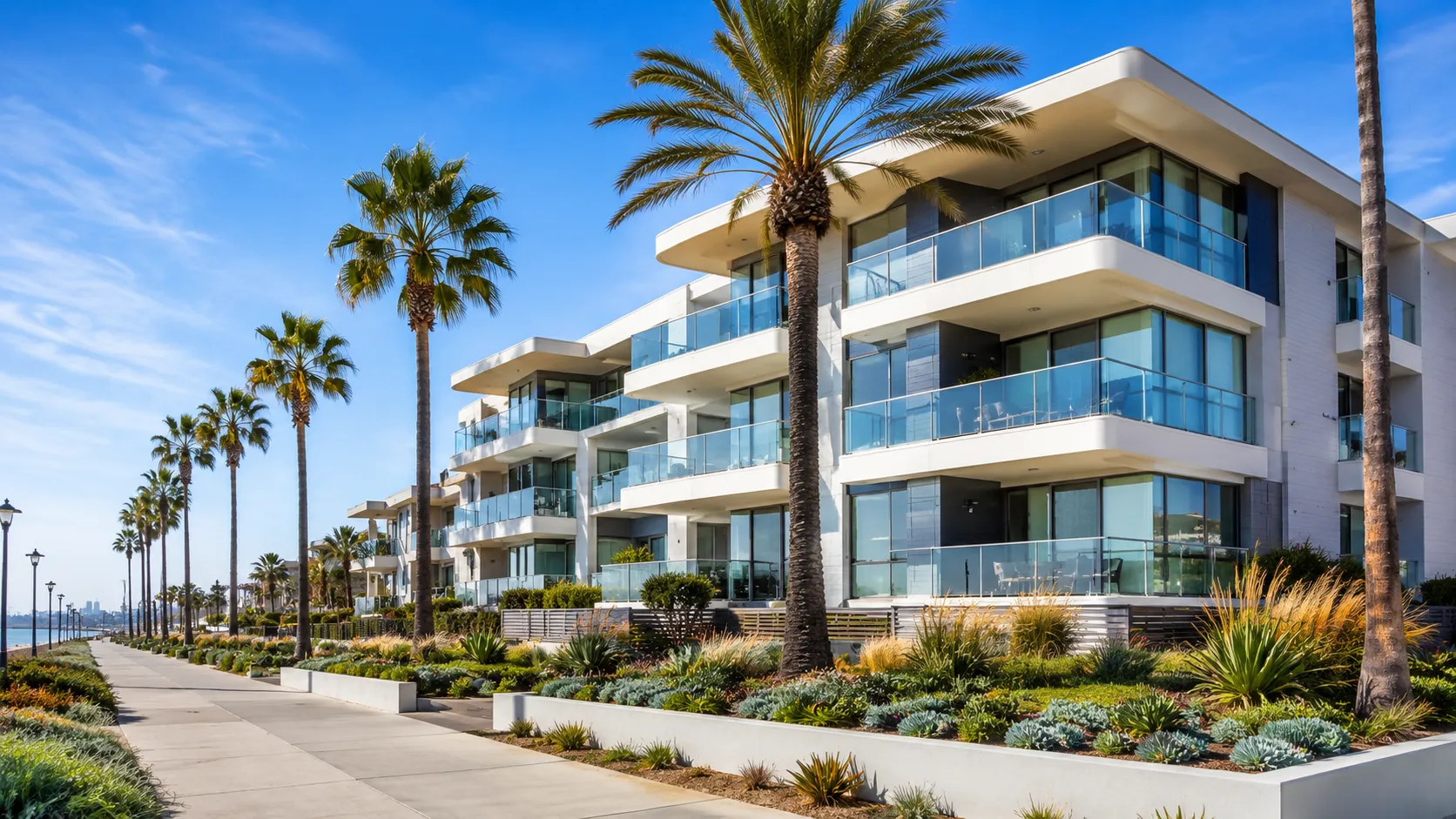 Coastal urban living with palm trees