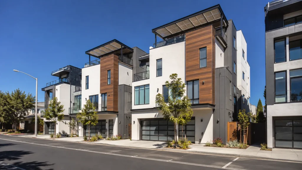 Modern townhouse street under clear sky