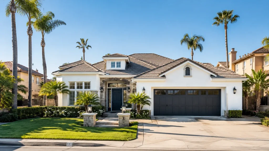 Sunny suburban luxury home exterior