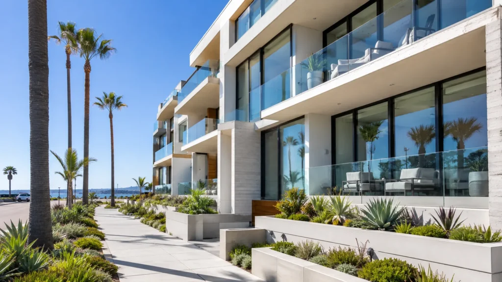 Coastal modern architecture with palm trees