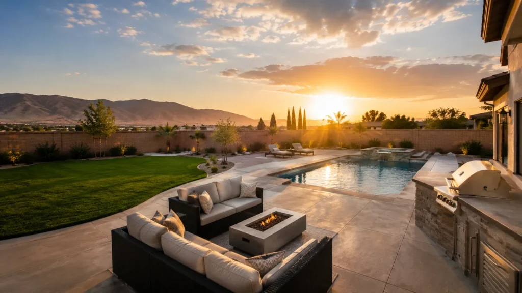 Serene backyard patio at sunset