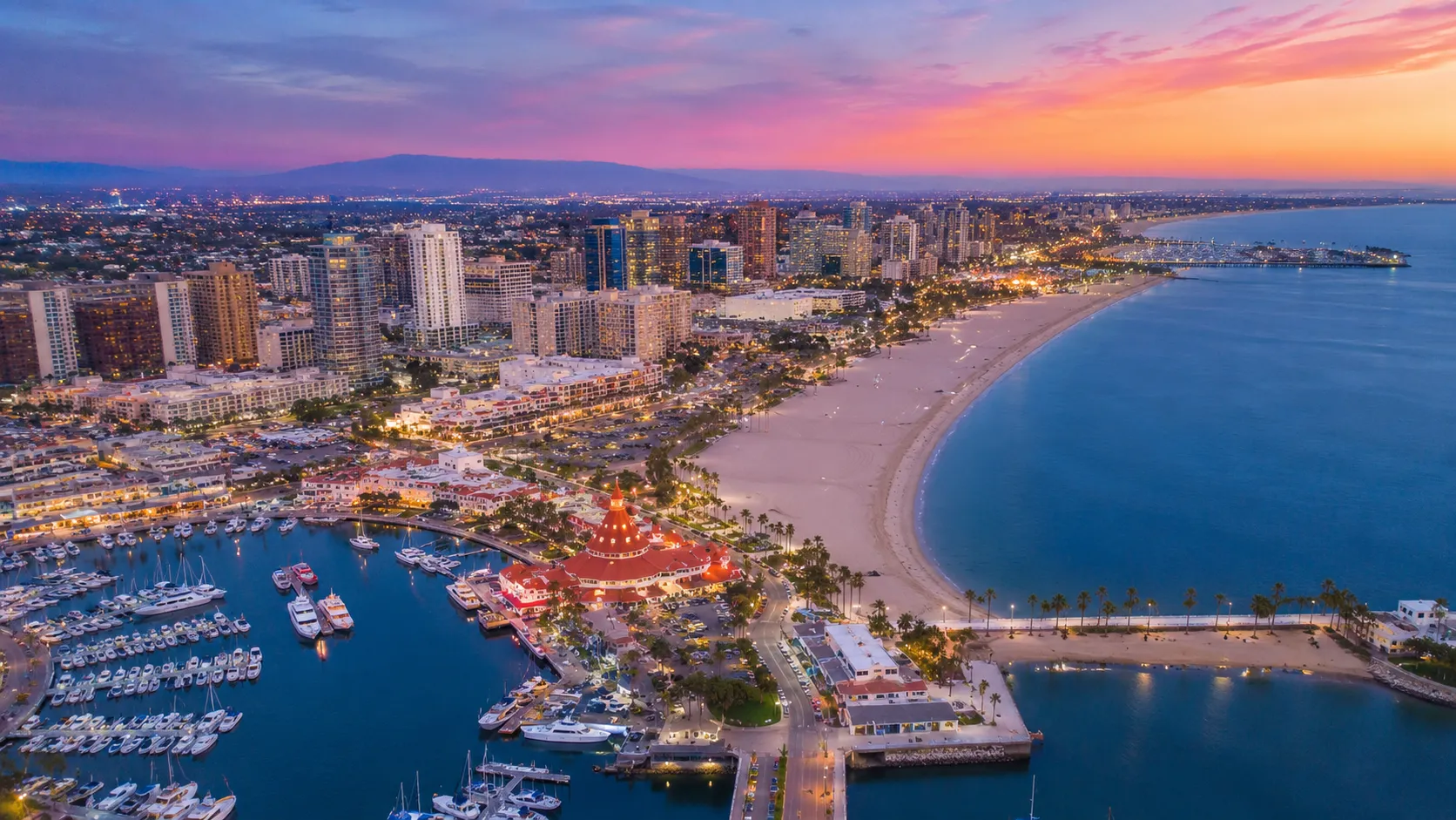 Coastal city at sunset