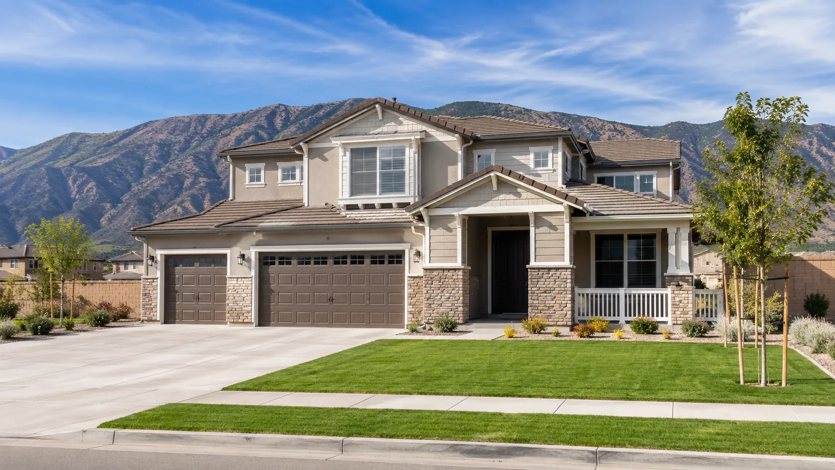 Modern suburban home with mountain view
