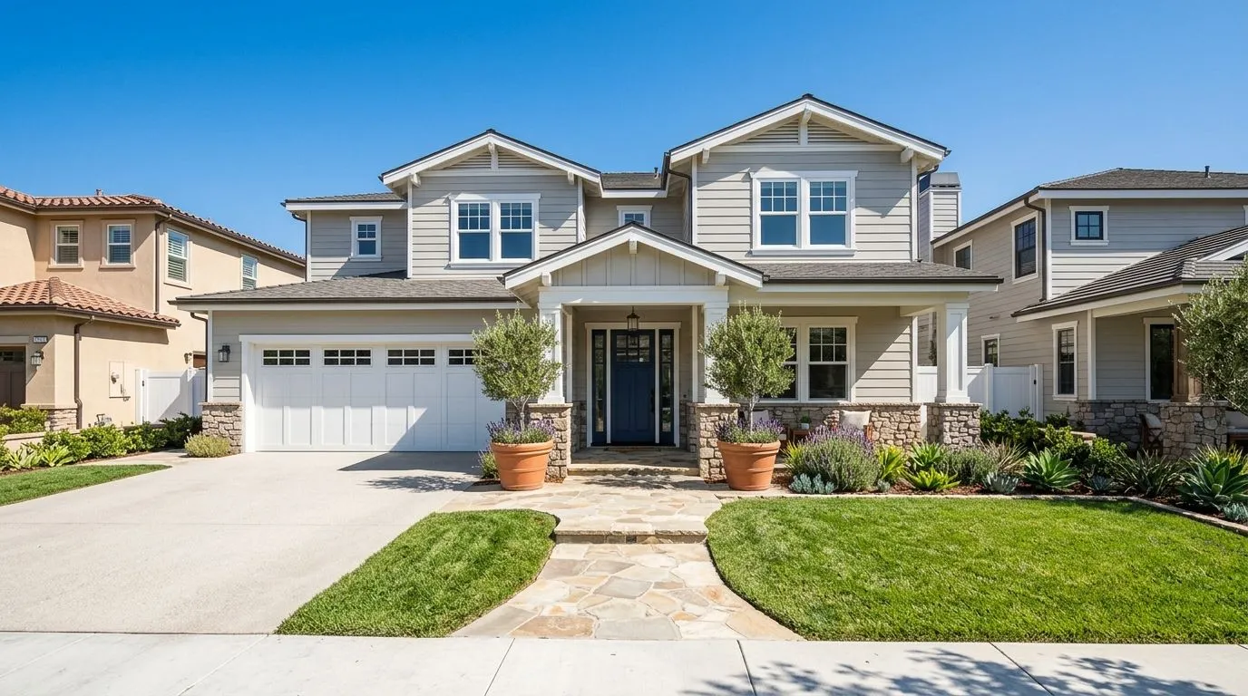 A two-story home with a garage and front lawn