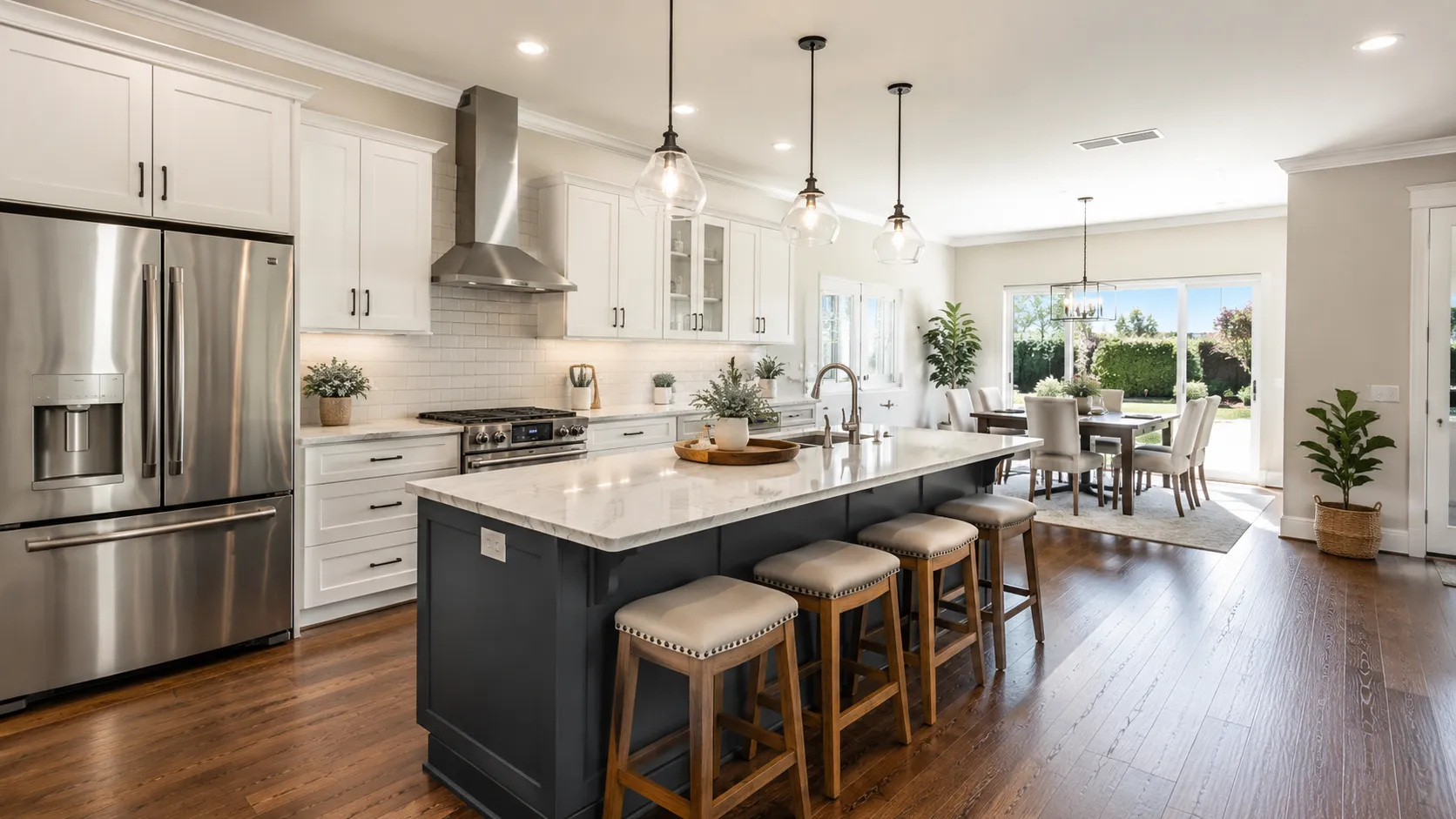 Modern kitchen and dining with greenery