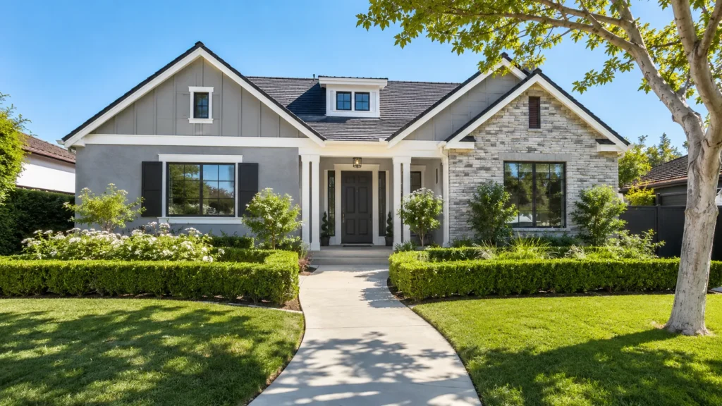 Modern suburban house with manicured landscape