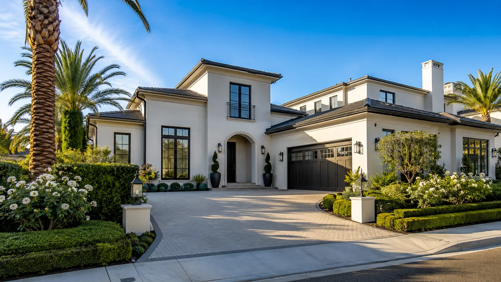 Modern Mediterranean home with manicured landscaping
