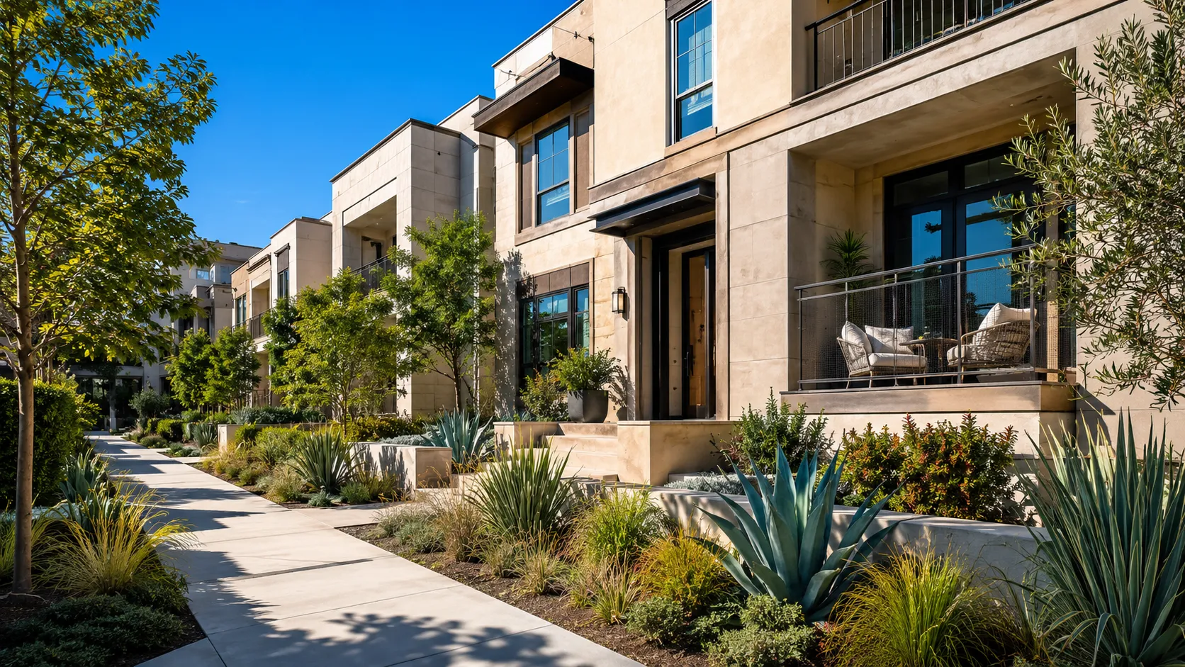 Modern townhouse complex under sunny skies