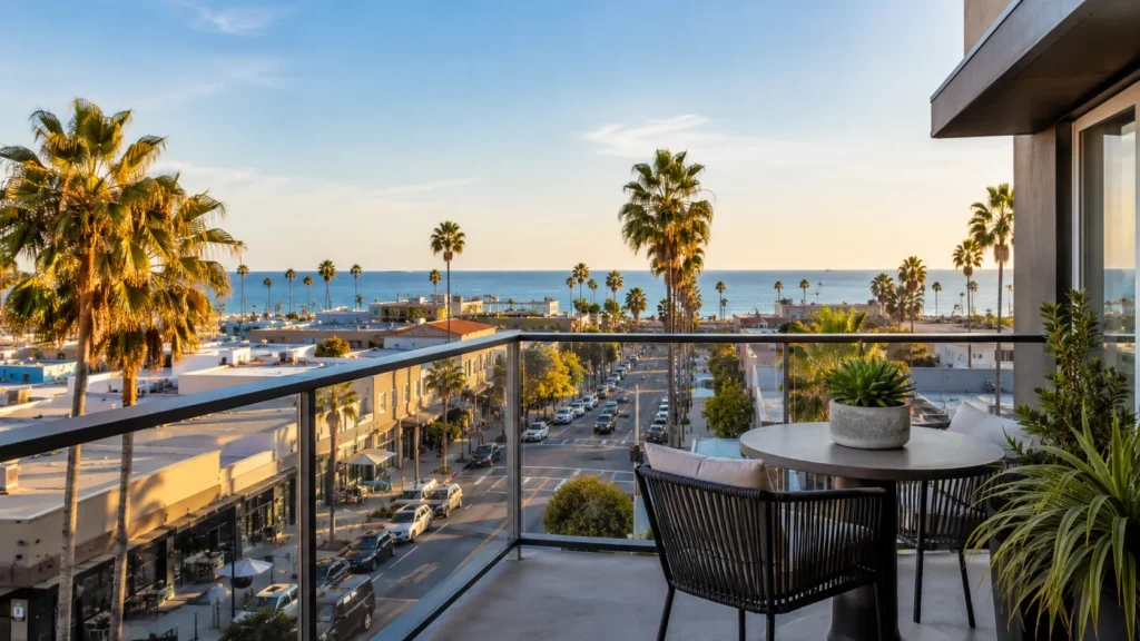 Coastal cityscape from modern balcony