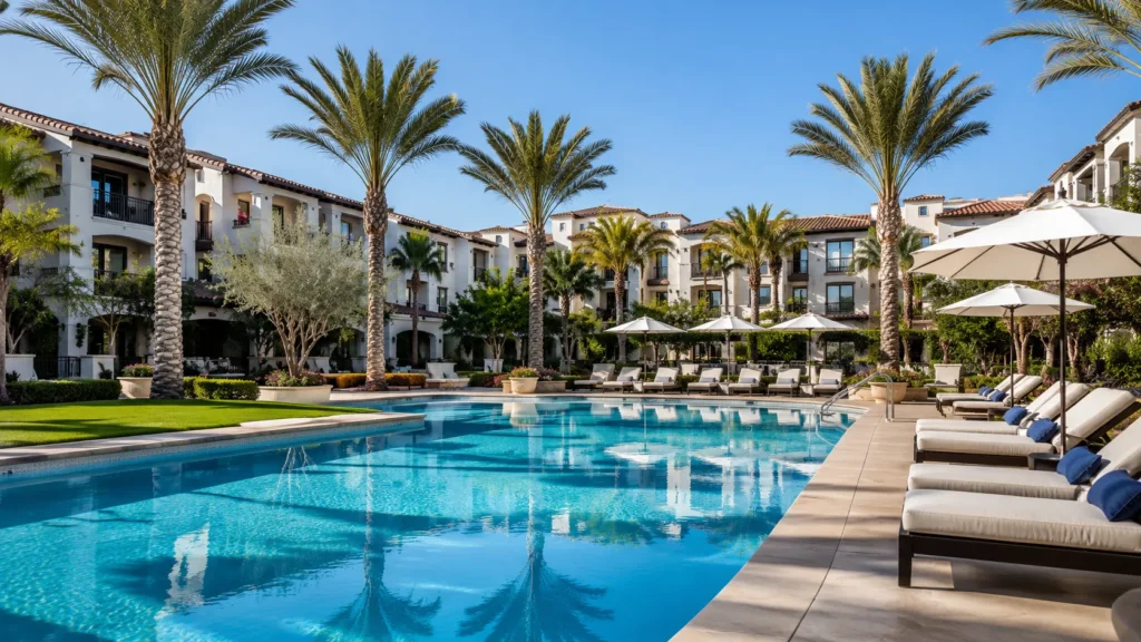 Luxurious resort pool with palm trees