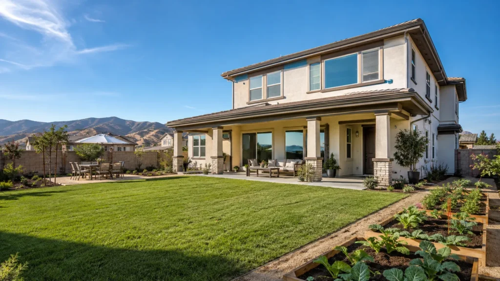 Modern suburban backyard with garden and patio