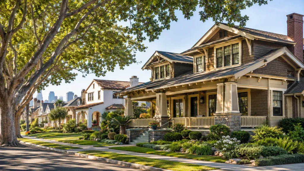 Sunny suburban street with charming homes