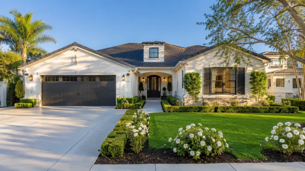 Bright suburban home with lush landscaping