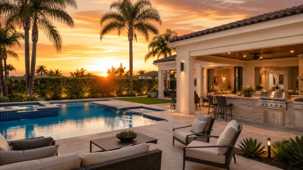 Sunset tranquility in a luxurious backyard