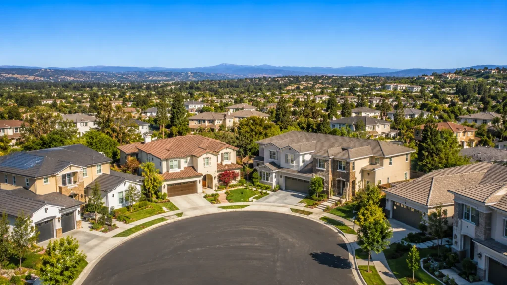 Sunny suburban cul-de-sac with hills