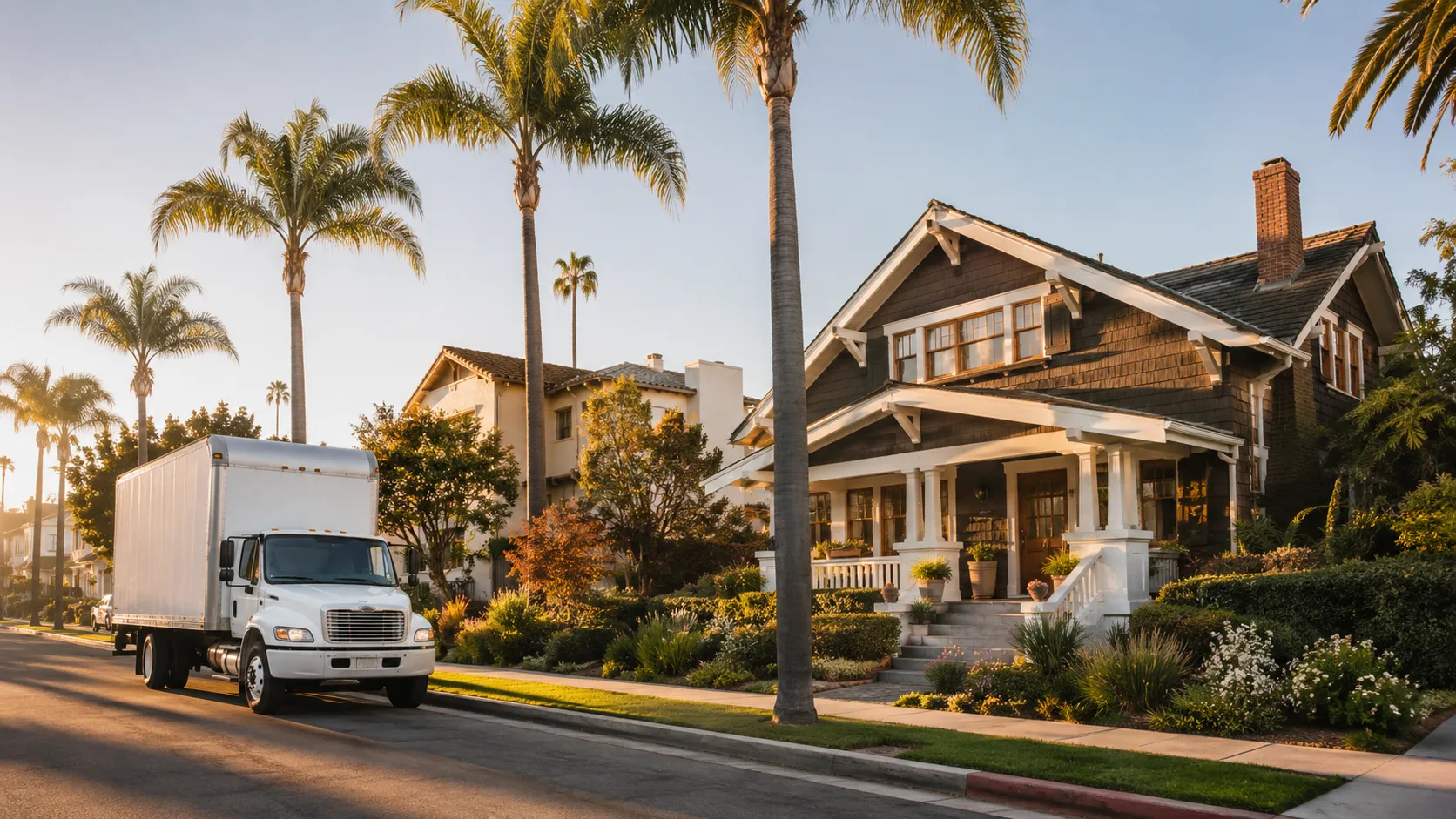 Golden-hour suburban street with palm trees