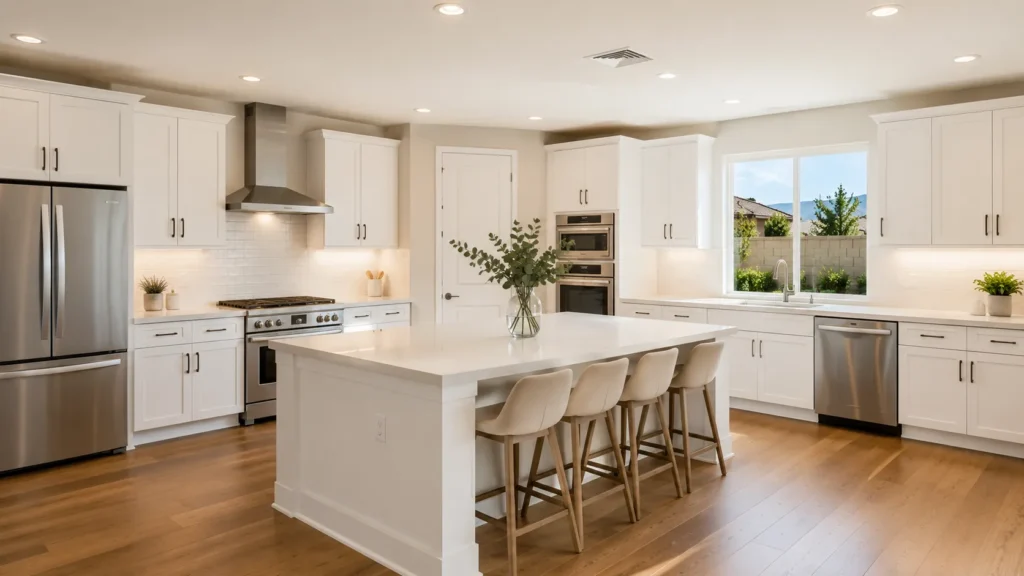 Modern minimalist kitchen with island and greenery