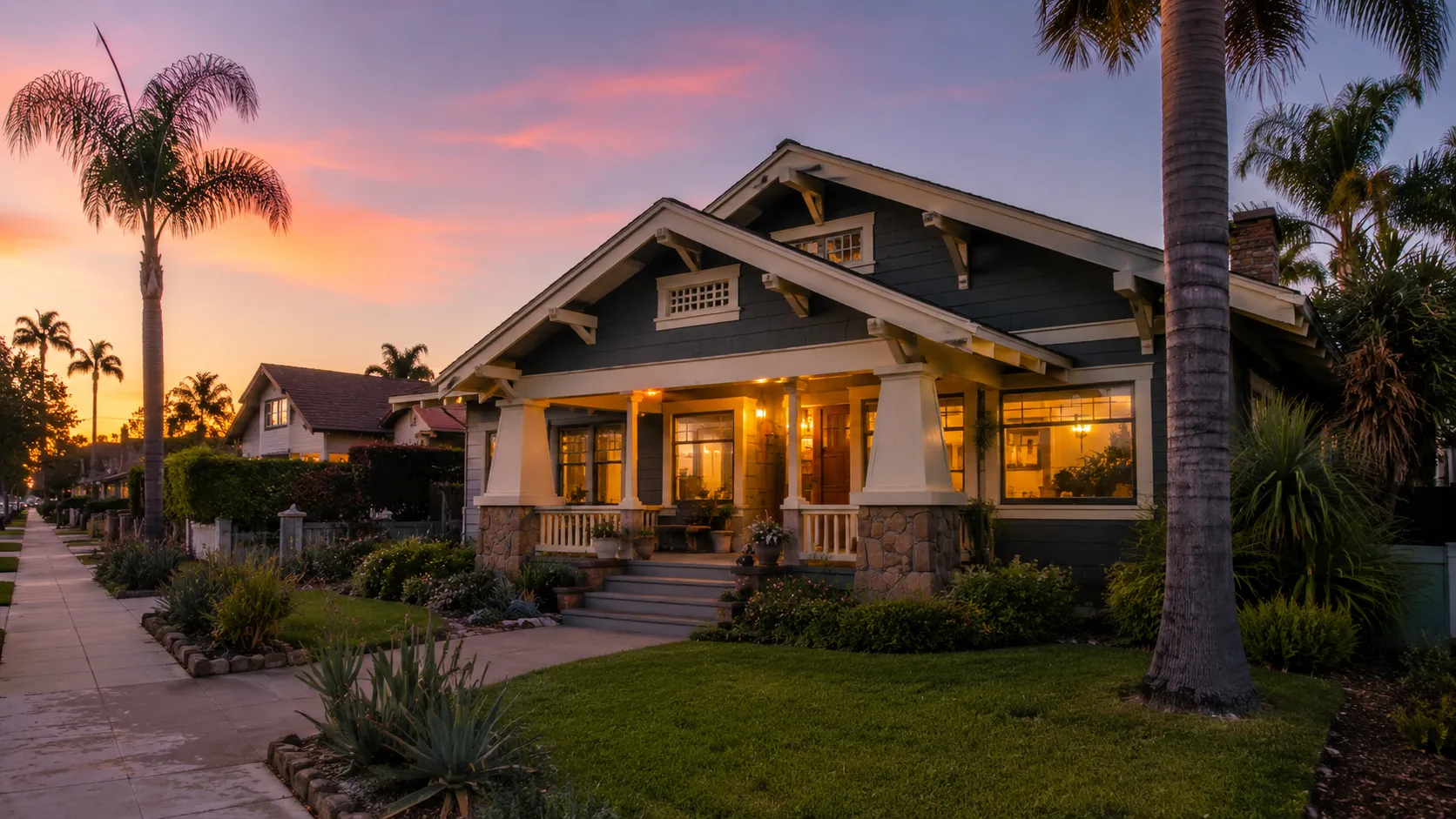Twilight in a cozy residential neighborhood